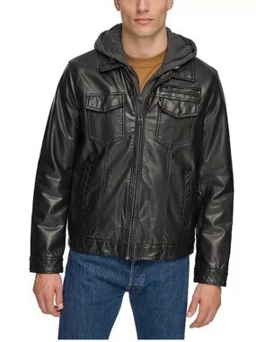 Levi's Men's Dark Brown Faux Leather Bomber Jacket Grey Fleece Hood Sherpa 3XLT
